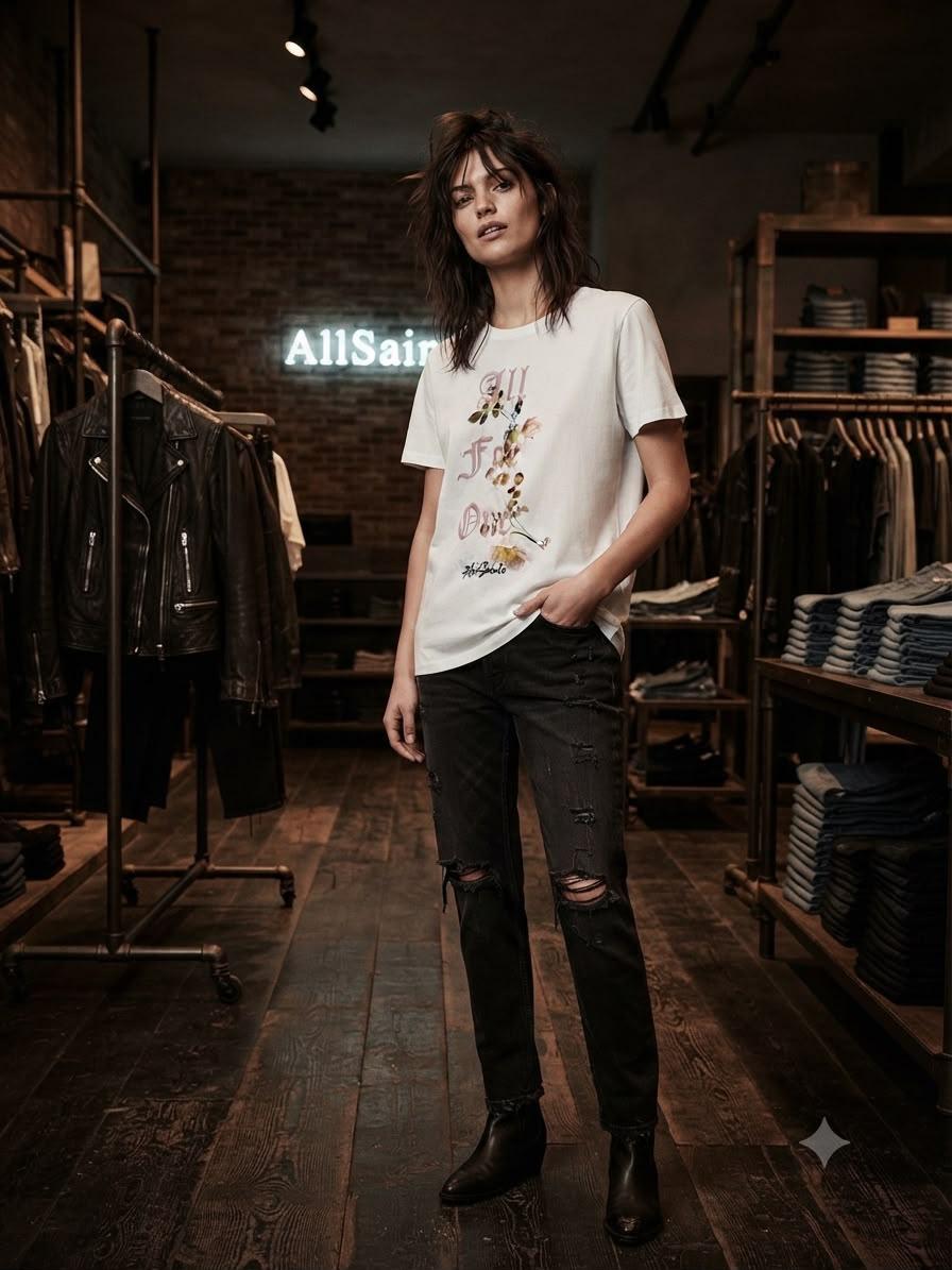 AllSaints white 3D embroidery casual women's tee
