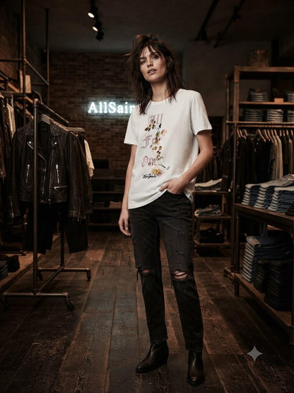 AllSaints white 3D embroidery casual women's tee
