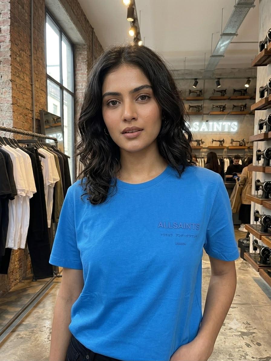 AllSaints blue 3D embroidery casual women's tee
