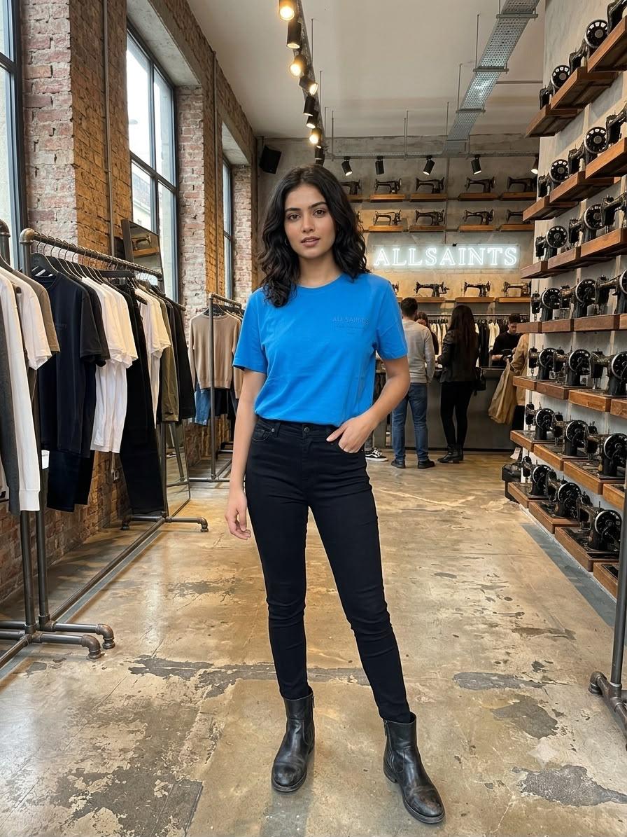 Premium AllSaints blue Lycra T-shirt for women
