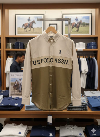 U.S. Polo Assn. Cotton Oxford Shirt in Beige – Front View	