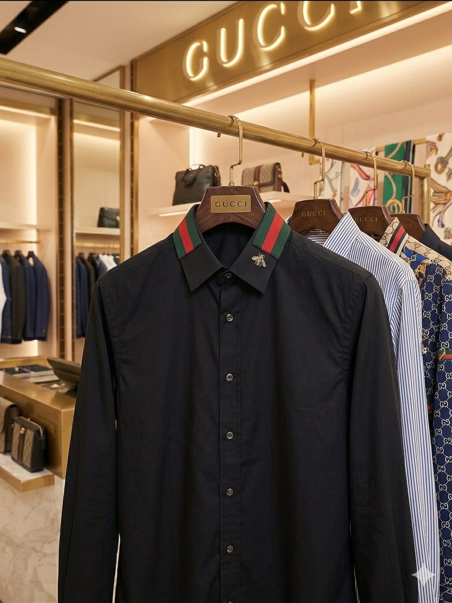 Gucci Regular Fit Cotton Shirt in Black – Flat Lay View
