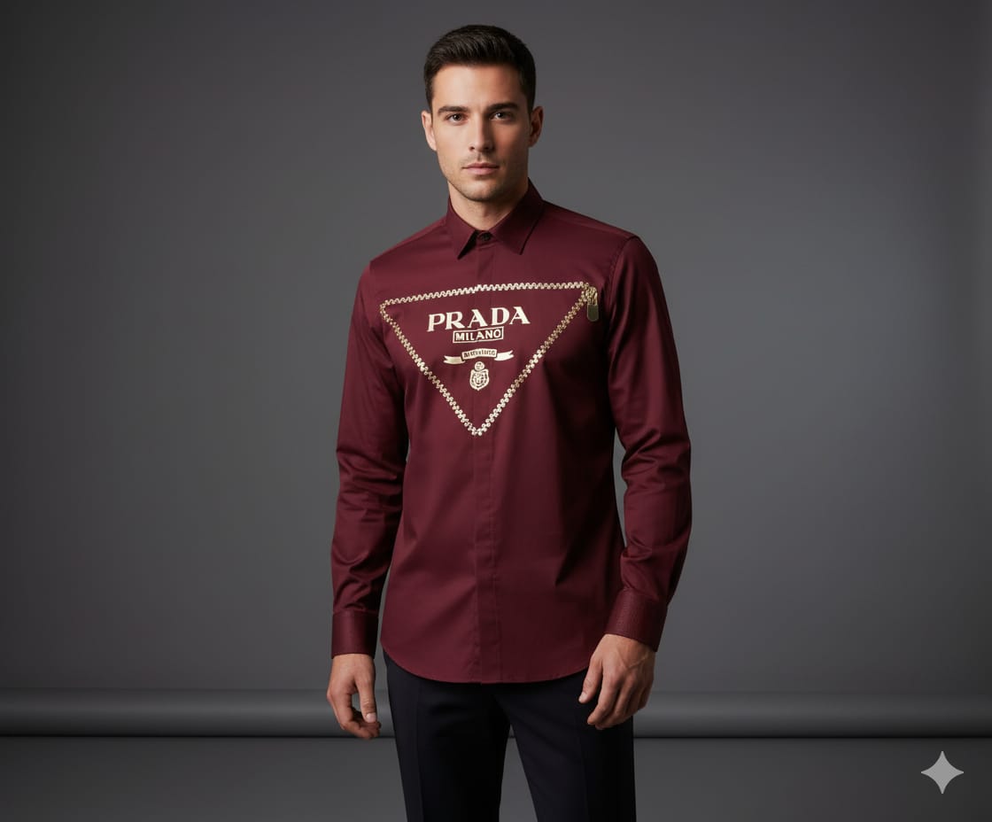 Prada Regular Fit Cotton Shirt in Wine – Worn by Model
