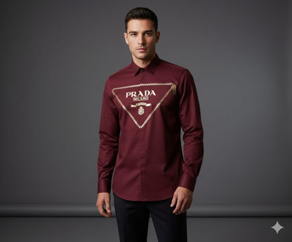Prada Regular Fit Cotton Shirt in Wine – Worn by Model
