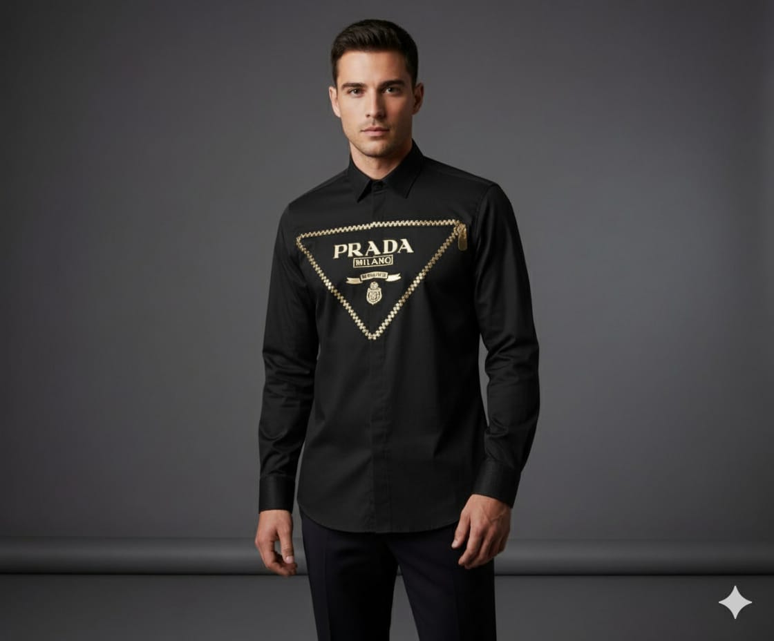 Prada Regular Fit Cotton Shirt in Black – Worn by Model
