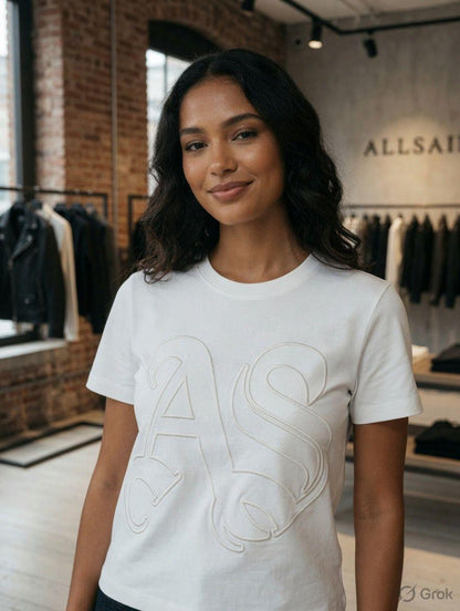 AllSaints white 3D embroidered casual women's tee
