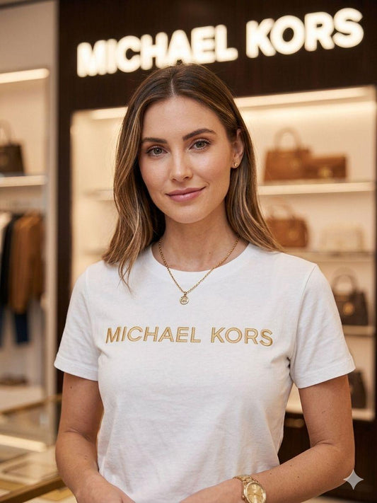 MK white designer crew neck women's tee
