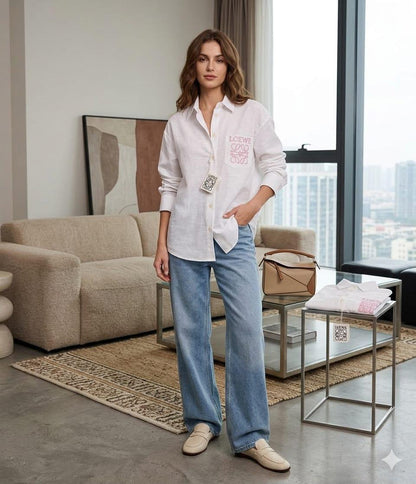 LOEWE women's t shirt white premium Cotton Oxford summer top

