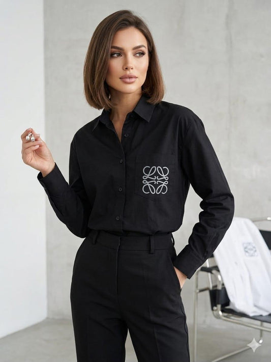 LOEWE black women's cotton Oxford button-up shirt womens summer top
