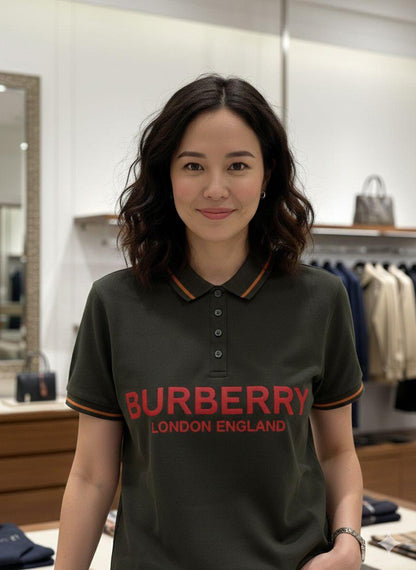 Burberry olive green women's t shirt collar cotton polo
