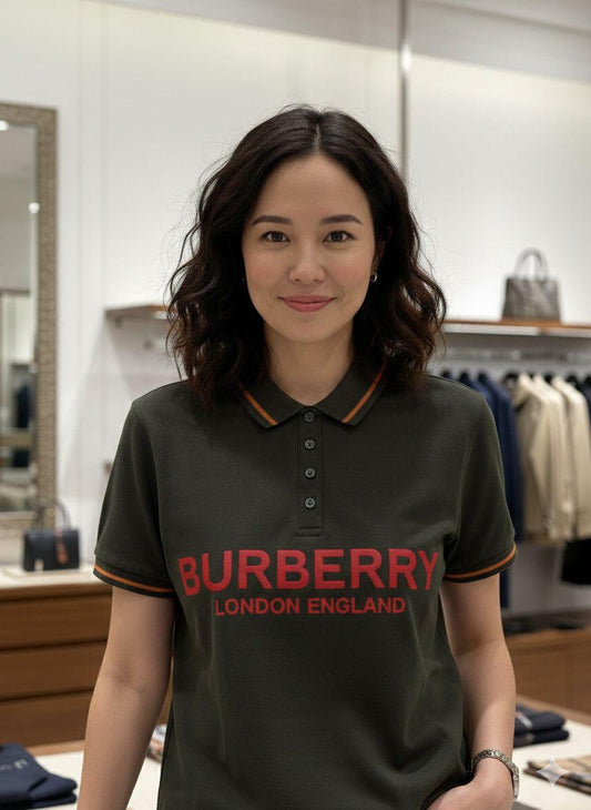 Burberry olive green women's t shirt collar cotton polo
