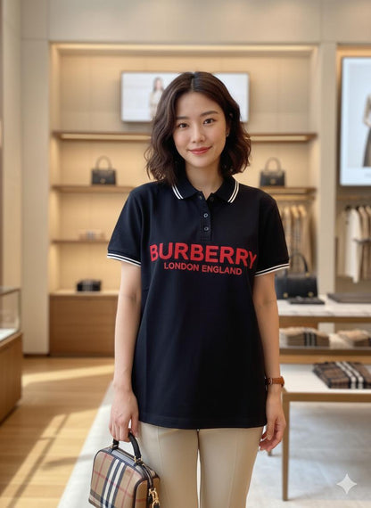 Burberry black women's t shirt collar cotton polo
