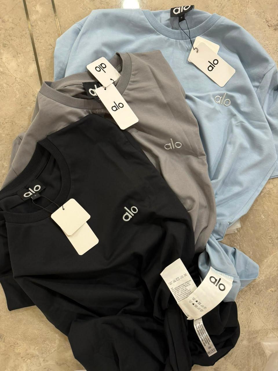 ALO women's t shirt in White Grey Green Sky Blue and Black
