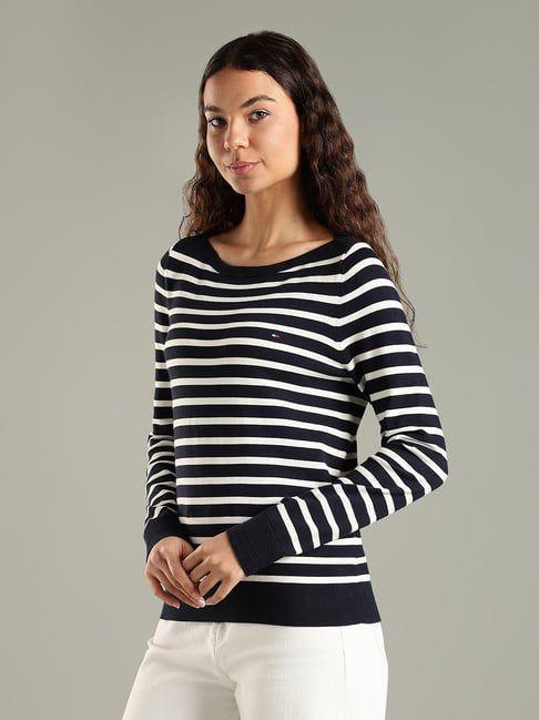 Tommy Hilfiger women's knit pullover white and black striped design

