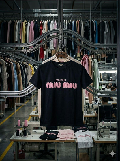Miu Miu black women's t shirt with embroidered towel logo
