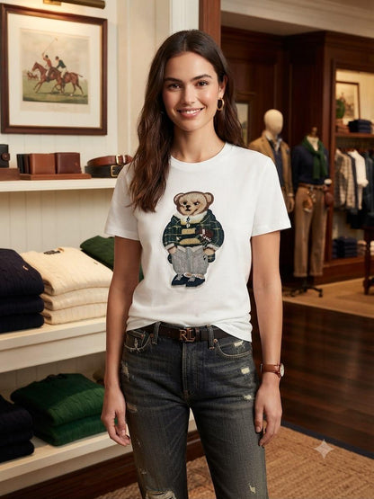 Premium white women's t shirt with Bear appliqué patch
