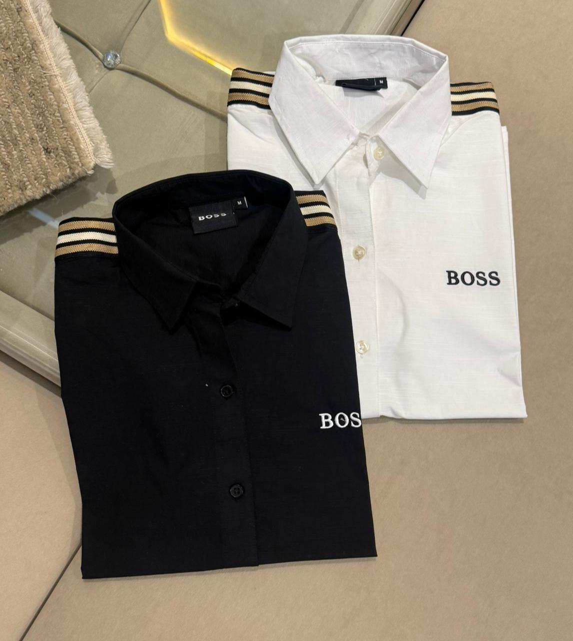 Boss women's cotton linen button up shirts in white and black collection
