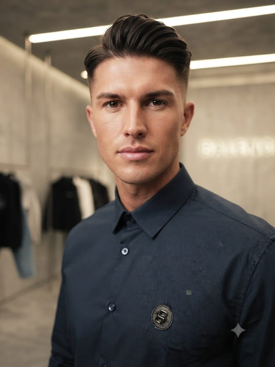 BALENCIAGA 2026 navy shirt 100 percent cotton fabric close up