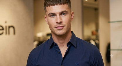 CALVIN KLEIN 2026 navy blue shirt Raymond cotton lycra fabric close up