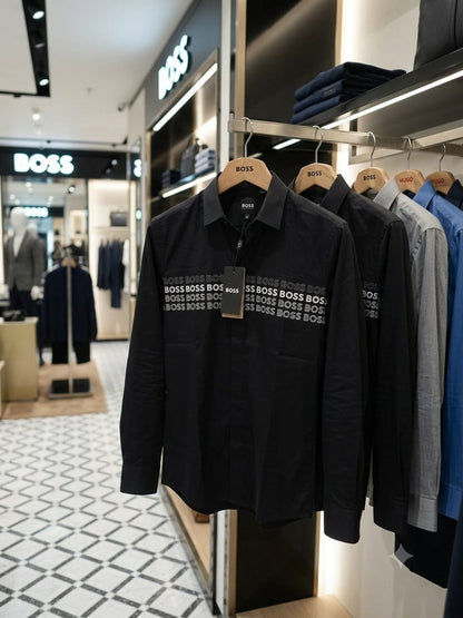 BOSS 2026 premium black cotton Oxford shirt regular fit front view

