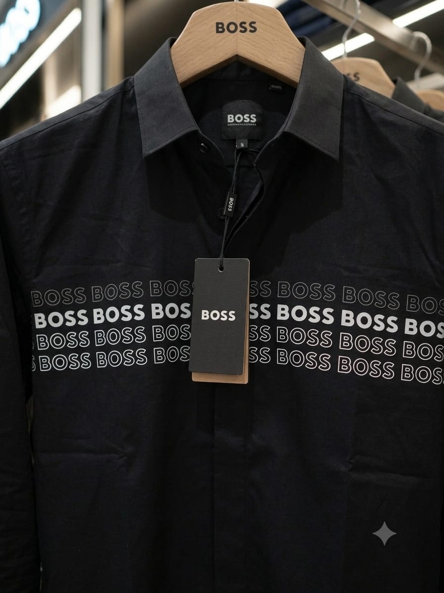 BOSS 2026 black Oxford shirt mill-made fabric detailed view
