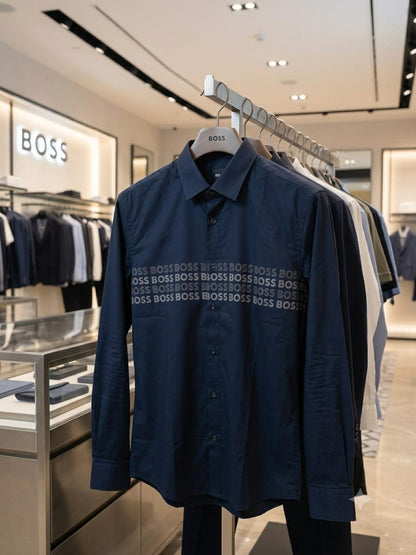 BOSS 2026 premium navy blue cotton Oxford shirt regular fit front view
