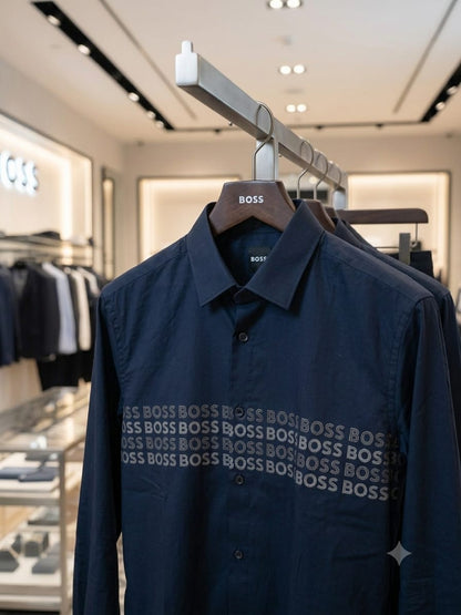 BOSS 2026 navy blue Oxford shirt mill-made fabric detailed view
