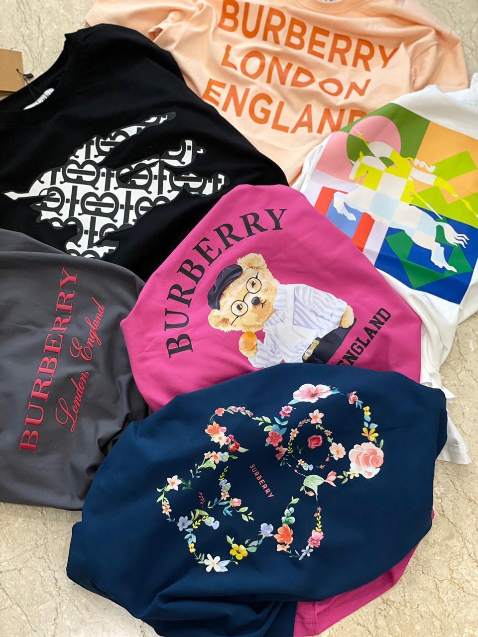 Burberry women's t shirts in blue pink white dark grey and peach