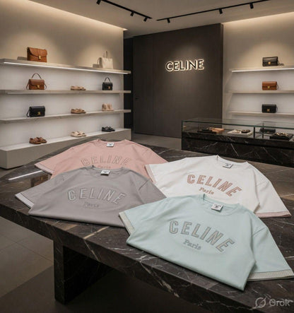 Designer Celine women's wear baggy fit t shirts in pink, white, grey and sky blue