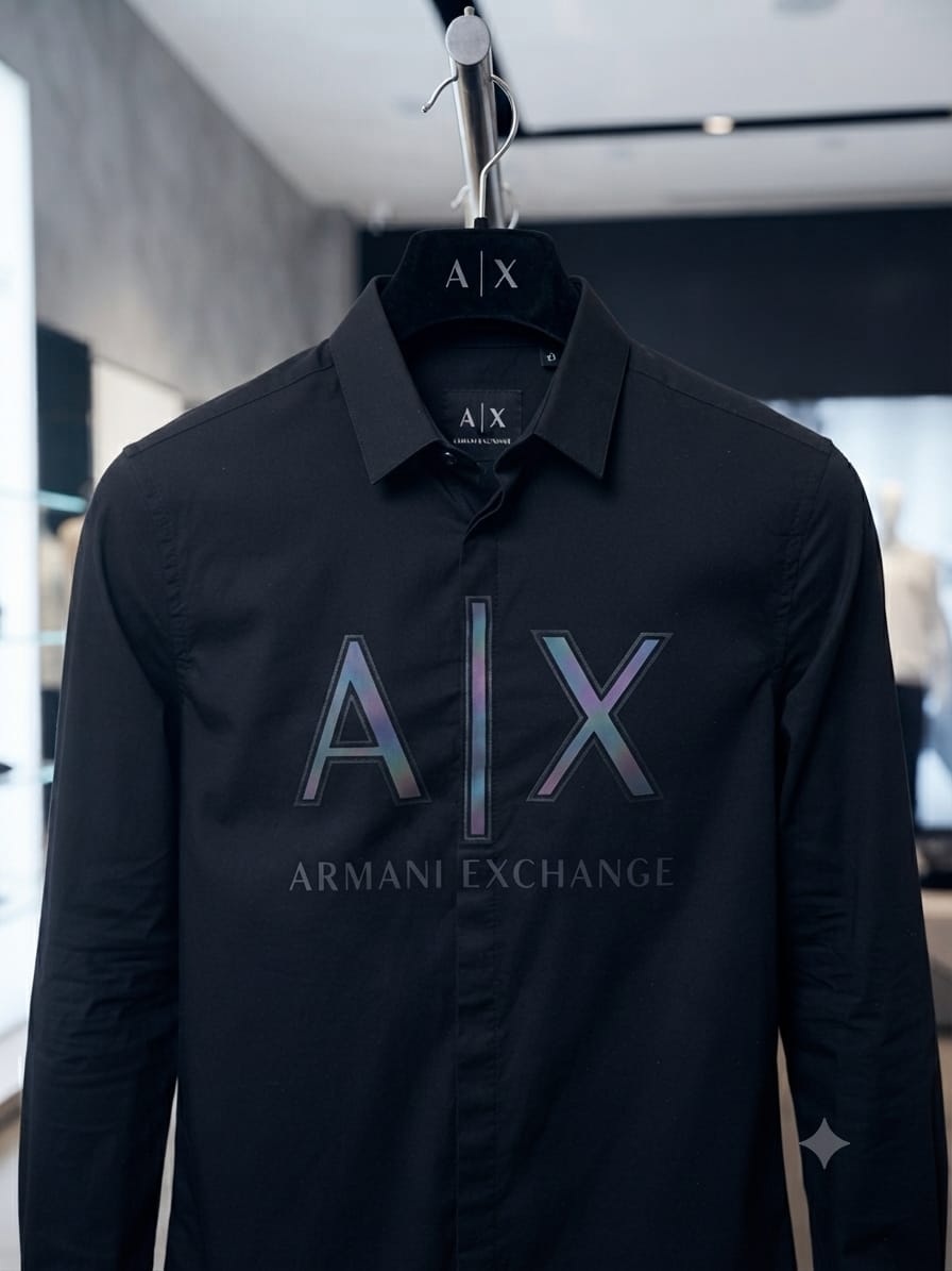 ARMANI EXCHANGE 2026 navy blue shirt 100 percent cotton fabric close up