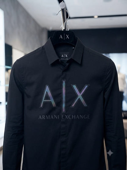 ARMANI EXCHANGE 2026 navy blue shirt 100 percent cotton fabric close up
