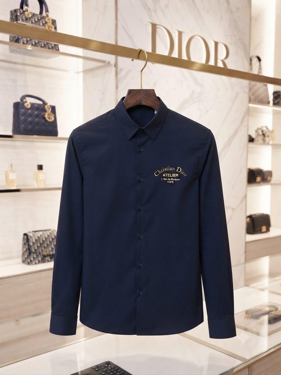DIOR 2026 premium navy blue cotton shirt regular fit front view
