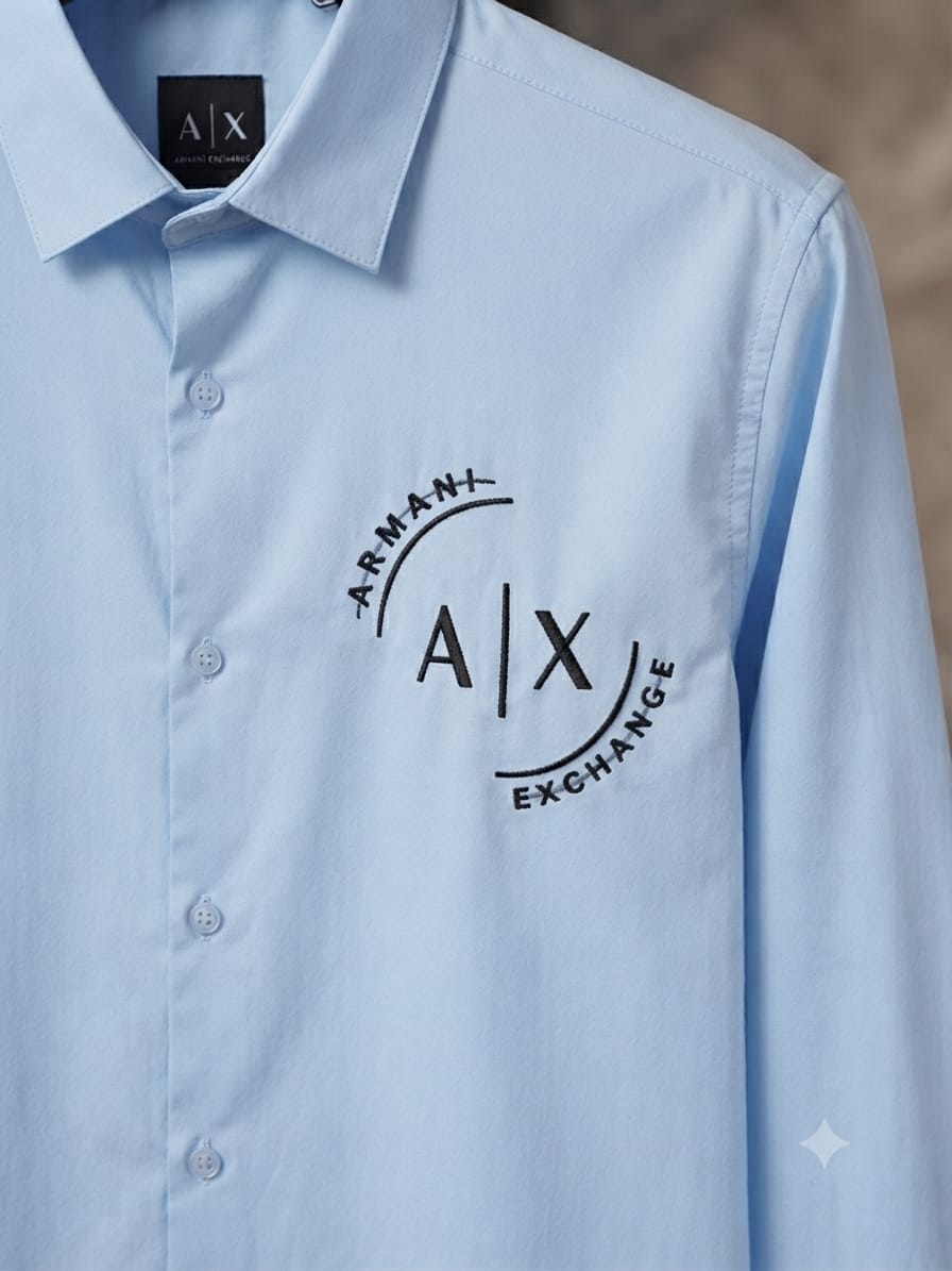 ARMANI EXCHANGE 2026 sky blue shirt 100 percent cotton mill-made fabric close up
