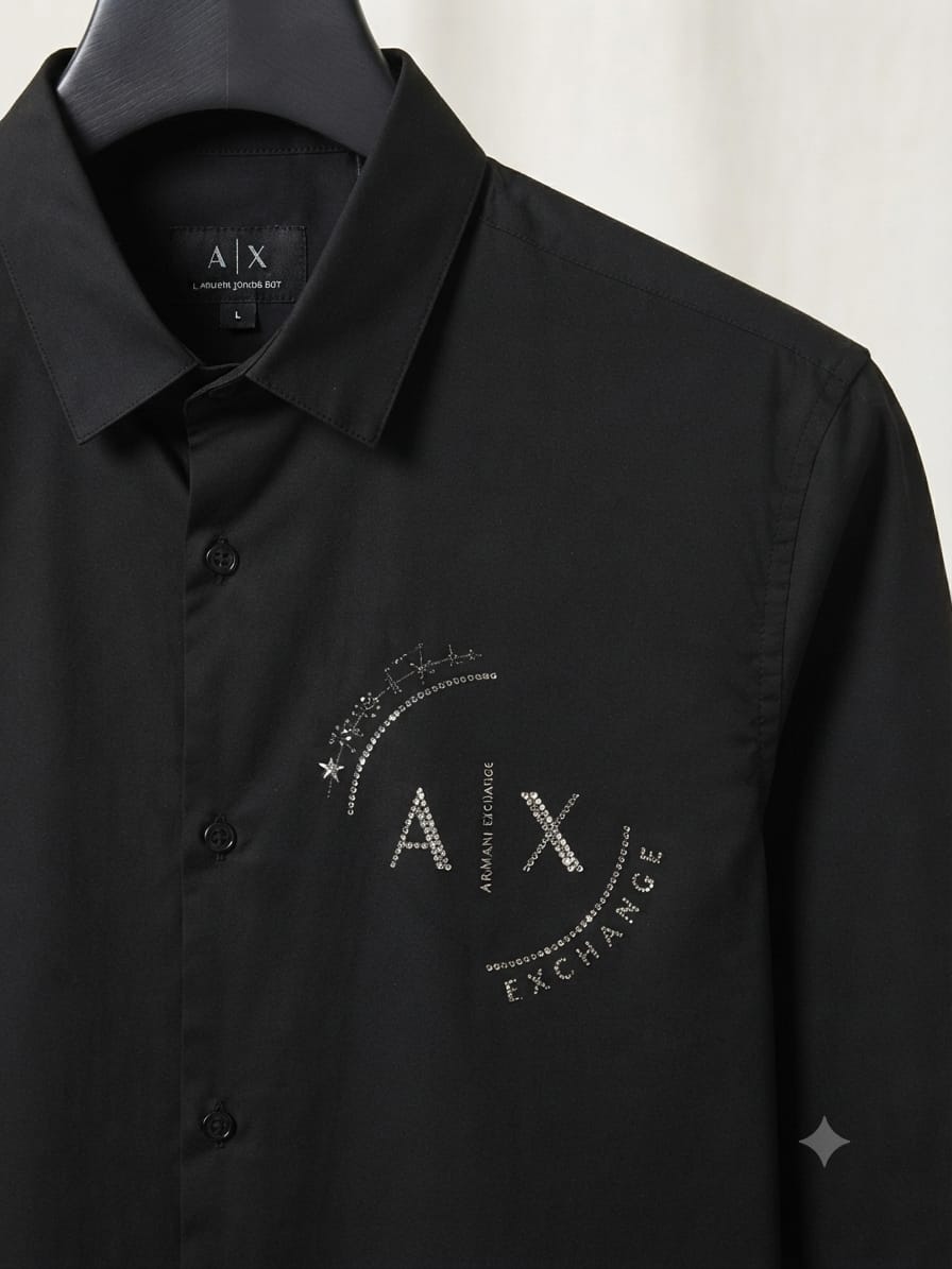 ARMANI EXCHANGE 2026 black shirt 100 percent cotton mill-made fabric close up
