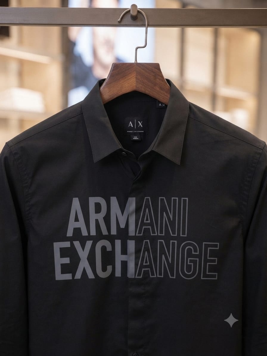 ARMANI EXCHANGE 2026 black shirt 100 percent cotton mill-made fabric close up
