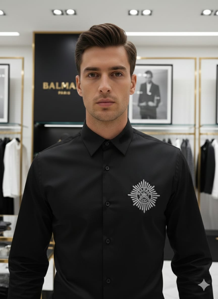 BALMAIN 2026 black shirt 100 percent cotton mill-made fabric close up