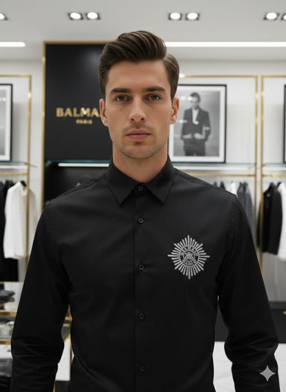 BALMAIN 2026 black shirt 100 percent cotton mill-made fabric close up