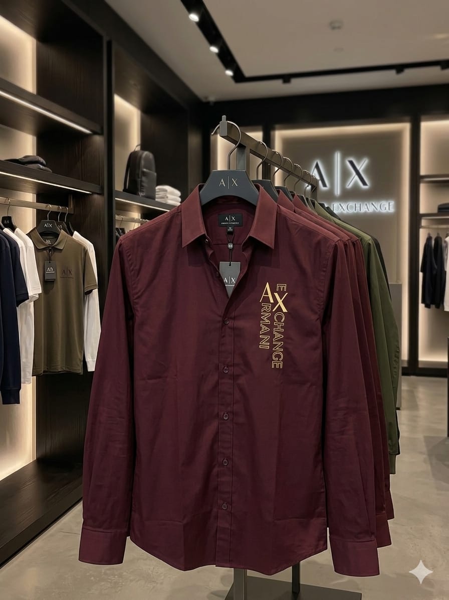 ARMANI 2026 premium wine cotton yarn-dyed shirt front view