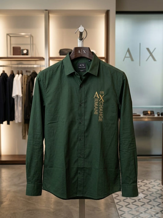 ARMANI 2026 premium green cotton yarn-dyed shirt front view