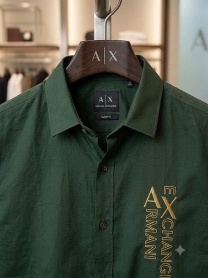 ARMANI 2026 green shirt imported cotton yarn-dyed fabric close up