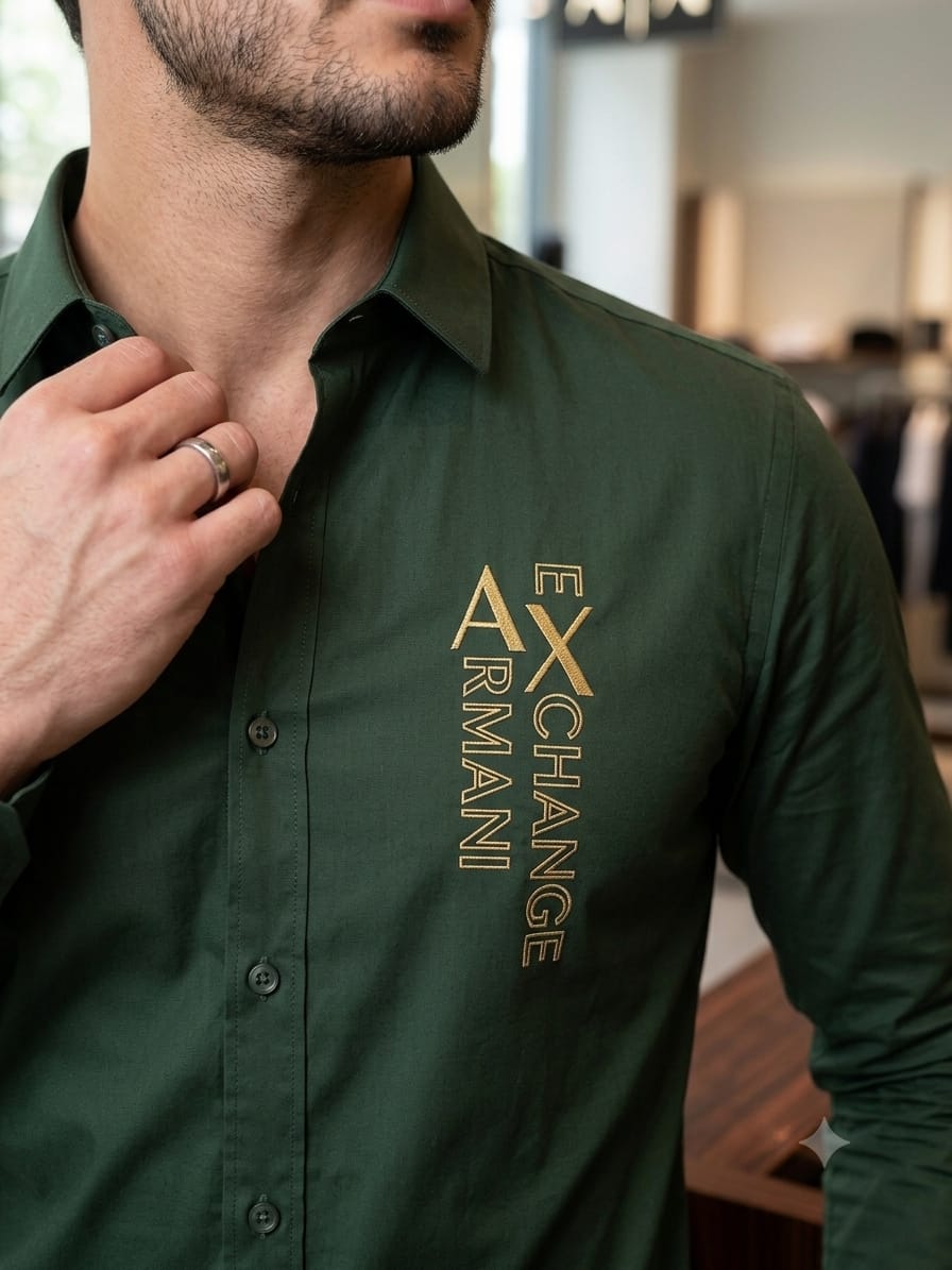 ARMANI 2026 green shirt same-brand embossed buttons detail