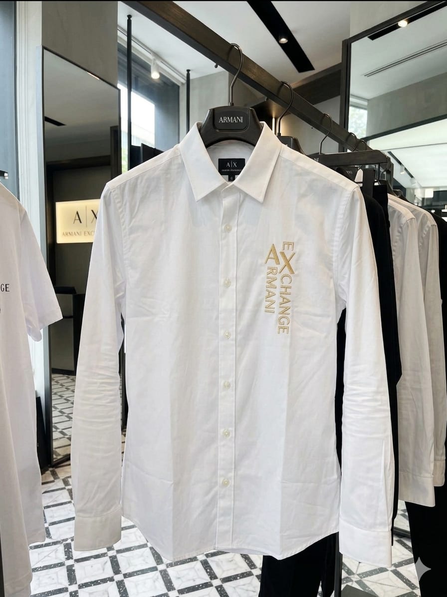 ARMANI 2026 premium white cotton yarn-dyed shirt front view
