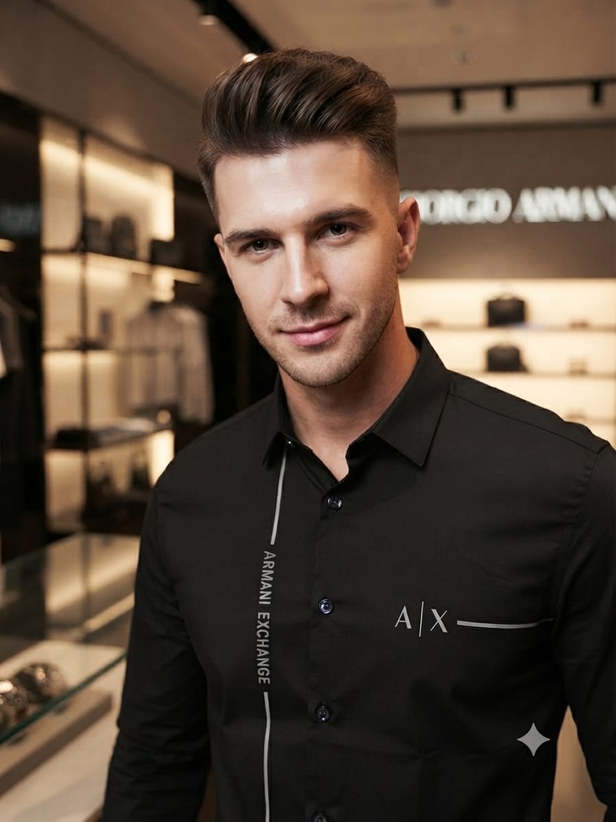 ARMANI EXCHANGE 2026 black shirt same-brand embossed buttons detail