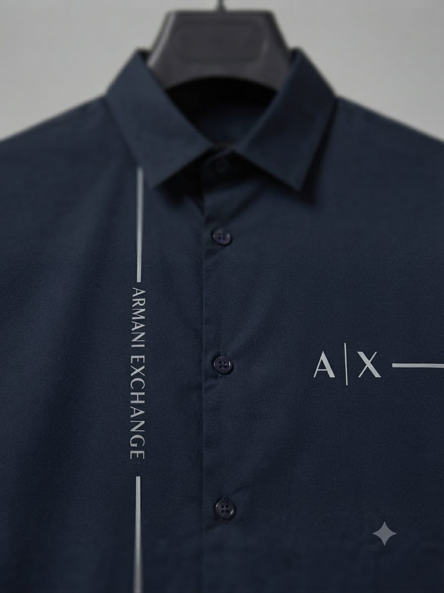 ARMANI EXCHANGE 2026 navy blue shirt 100 percent cotton mill-made fabric close up