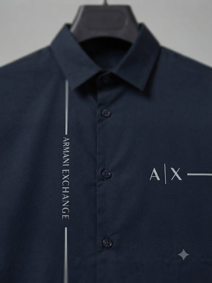 ARMANI EXCHANGE 2026 navy blue shirt 100 percent cotton mill-made fabric close up