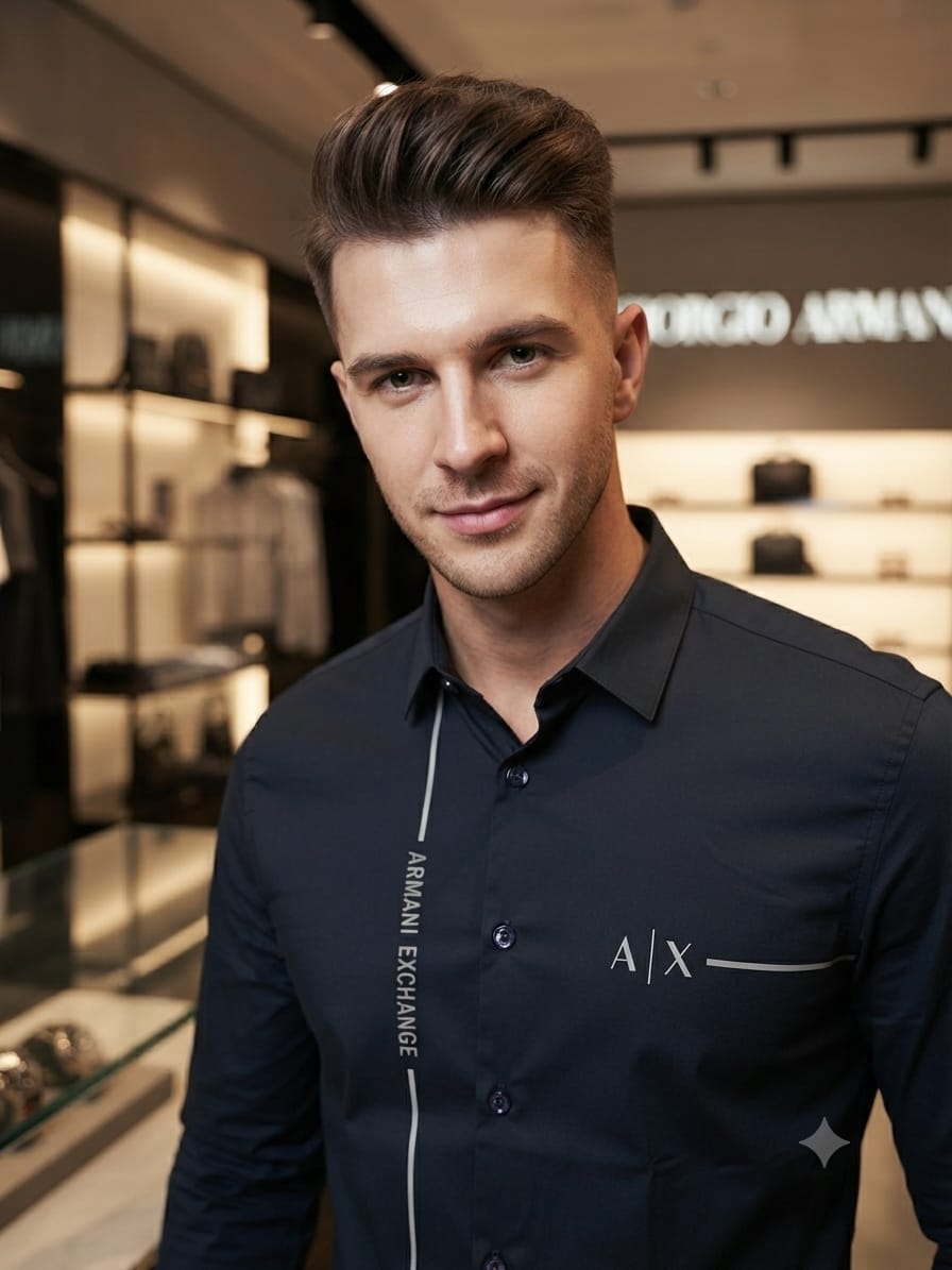 ARMANI EXCHANGE 2026 navy blue shirt same-brand embossed buttons detail