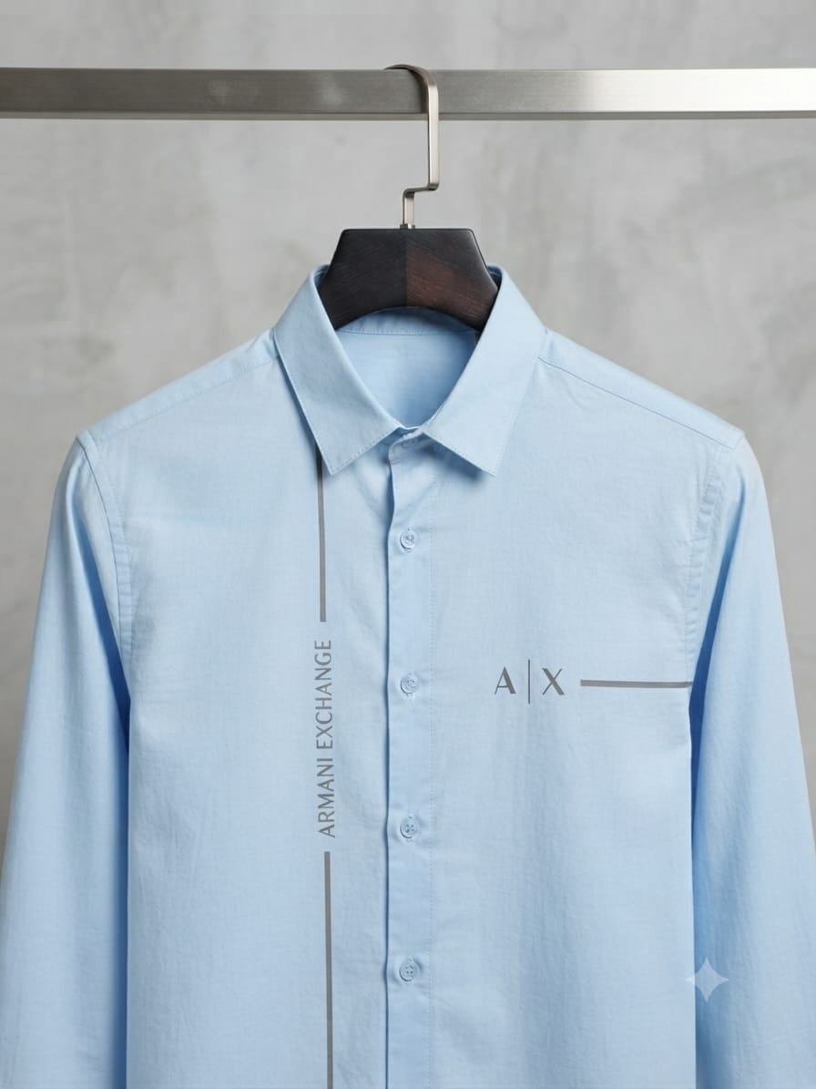 ARMANI EXCHANGE 2026 sky blue shirt 100 percent cotton mill-made fabric close up

