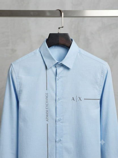 ARMANI EXCHANGE 2026 sky blue shirt 100 percent cotton mill-made fabric close up

