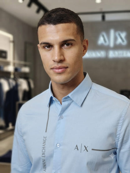 ARMANI EXCHANGE 2026 sky blue shirt same-brand embossed buttons detail