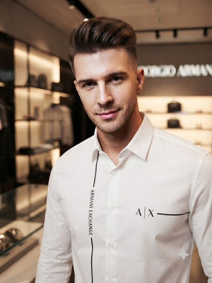 ARMANI EXCHANGE 2026 white shirt same-brand embossed buttons detail